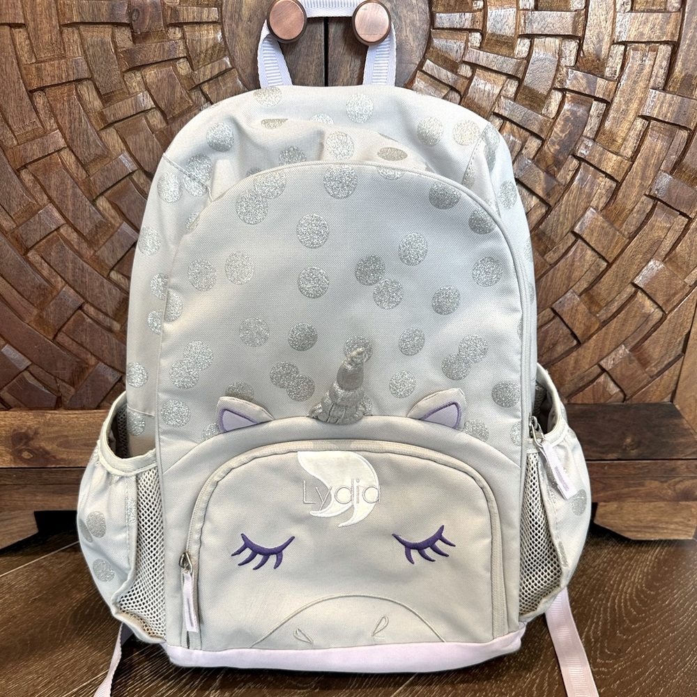 Pottery Barn Kids Backpack “Lydia” Gray/Purple/Silver EUC
